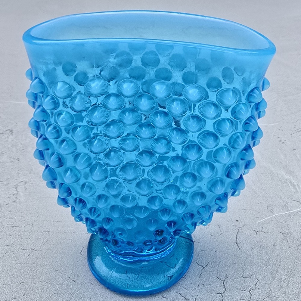 Vintage Blue Hobnail Glass Fan Vase Footed Art Glass Decor 4 inch